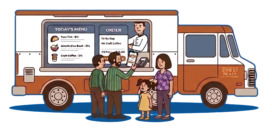 Food truck with customers ordering
